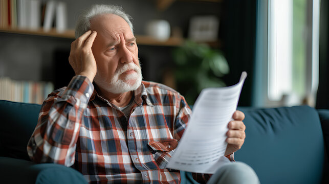 Bad news. Worried senior man and feels disappointed, stressed. Payment of electricity and heating bills. High taxes, financial problem, small pension concept