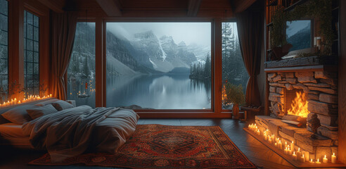 Inside A very dark lit, cozy, rustic decorated bedroom with large stone fireplace and Lake view. Generative AI.