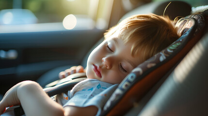 Child sleeping in car seat inside the car. Kid is left alone in car on a hot summer day.  - obrazy, fototapety, plakaty