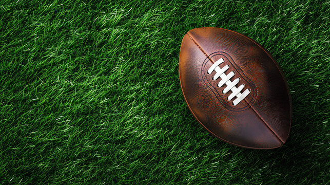 Brown American football ball on green artificial stadium turf background. Top view