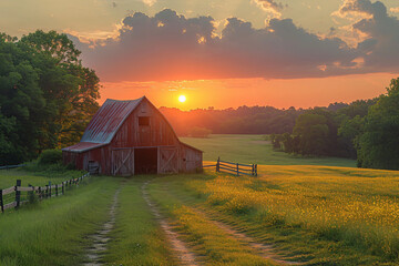 farm with granary at golden hour sunset - obrazy, fototapety, plakaty
