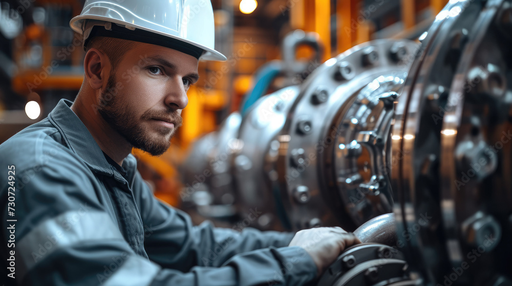 Poster a professional mechanical engineer man is operating equipment in a large industrial plant to ensure 