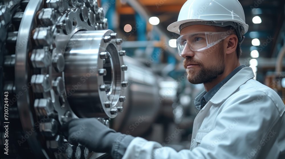 Poster a professional mechanical engineer man is operating equipment in a large industrial plant to ensure 