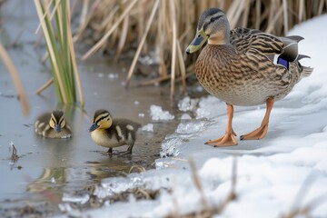 Fototapeta premium duckling following mother duck by icy pond border