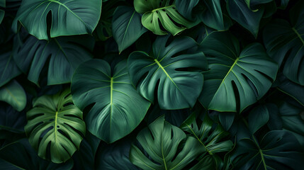 Abstract monstera leaves background. Green leaf banner and floral jungle pattern concept.