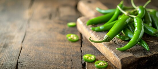 Small green chilies placed on a wooden cutting surface. - obrazy, fototapety, plakaty