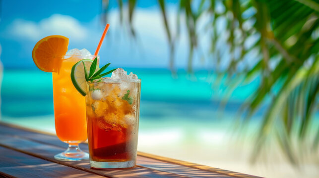 drink a cocktail on vacation. Selective focus. nature. Fresh cold cocktail on tropical beach with palms and bright sand. Summer sea vacation and travel concept. fresh summer