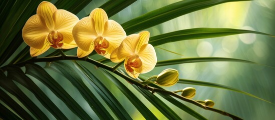 Close-up of a palm leaf and yellow orchid branch