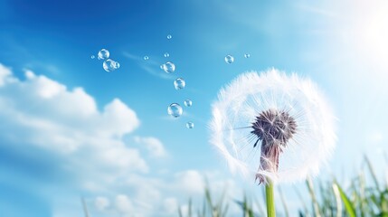 Naklejka premium Isolated dandelion with dew on blue sky background. Close-up of dewdrop on the head of dandelion. Purity and blooming, generative ai, 