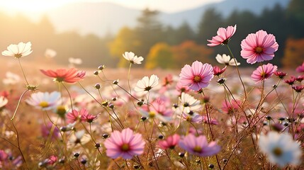 Focus on cosmos blooming in autumn field in Korea, generative ai - obrazy, fototapety, plakaty