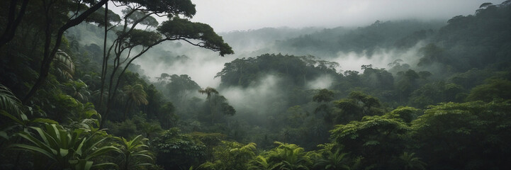Enchanting rainforest, lush greenery meets swirling mist, captivating landscape that calls out to...
