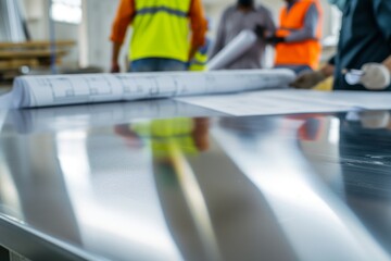 glossy steel desk, laborers with blueprints in soft focus behind