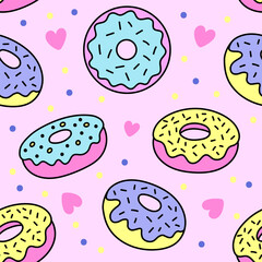Seamless pattern, donuts on a pink background. Vector illustration. - 730727342