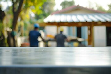 uncluttered steel table, craftsmen setting up a roof blurred in the background - obrazy, fototapety, plakaty