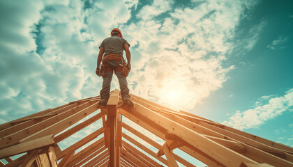 A man builder in a helmet builds the frame of the roof of the house, roofing roof construction work