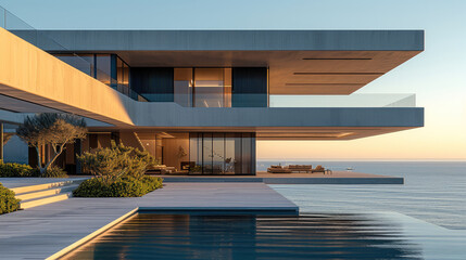 Fototapeta premium Exterior front view of a large concrete and steel construction mansion house with a spectacular ocean view. Generative AI.