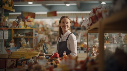 Cheerful saleswoman in a toy store, surrounded by a colorful collection of toys, providing friendly service in a welcoming and playful shopping environment.