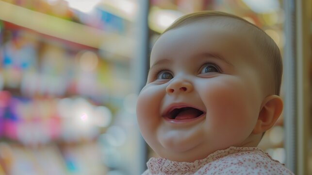Cheerful baby with a beaming smile and shining eyes captured in a toy store, creating a picture of innocence and wonder against a backdrop of magical, colorful lights.