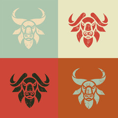 Set of 4 vintage grunge buffalo logo isolated on background. Hand drawn american symbol design.