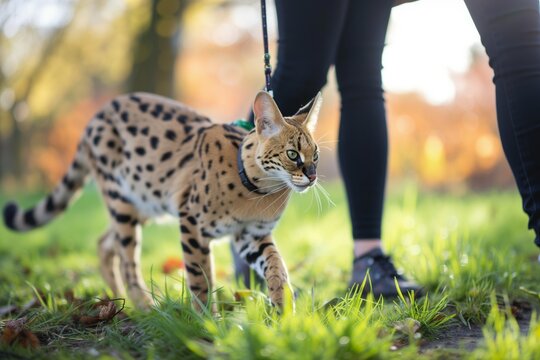 a serval cat walking on a leash alongside its owner outdoors