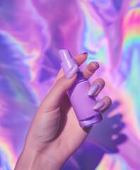 Woman's hand holding a cosmetics bottle on a purple colorful iridescent gradient background. Bath...