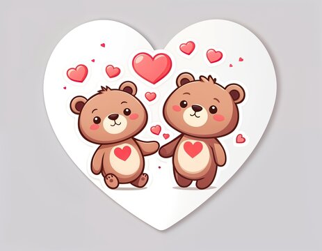 two brown bears holding hands, surrounded by pink hearts.