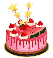Watermelon Cake with Fresh Strawberries - Dripping Icing and Decorative Stars