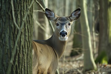 deer standing in forest, closeup with trees surrounding