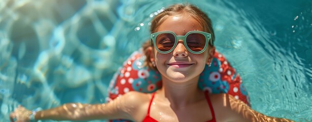 Summer Splash: A Young Girl in a Red Swimsuit and Sunglasses Generative AI