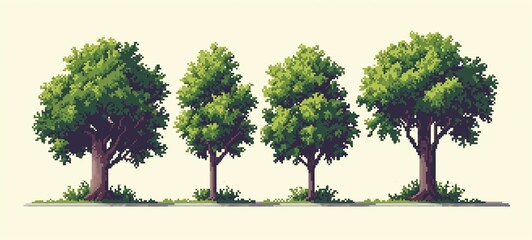 Set of pixel art trees in vibrant green, styled in nostalgic 8-bit graphics, offering a minimalist and charming take on natural beauty.