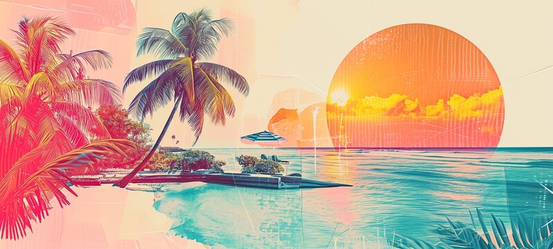 Retro-style digital collage featuring palm trees against a gradient sunset with digital overlays, creating a serene tropical scene infused with a nostalgic summer vibe.