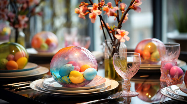 An elegant Easter celebration table setting featuring a gilded egg holder with pastel-colored eggs under a glass dome, surrounded by delicate china teacups and plates with floral motifs. 
