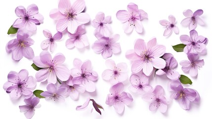 Fototapeta na wymiar lowers design. Flowers background. Flying light Purple flowers isolated on white background. Apple-tree flowers. Cherry blossom, generative ai, 