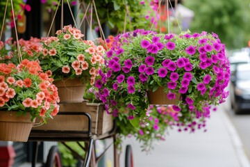 Fototapeta na wymiar cart with hanging baskets of petunias on a city sidewalk