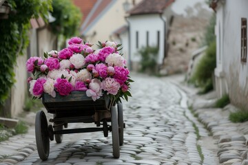 cart filled with peonies crossing a quaint cobblestone street