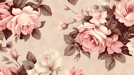 Foto op Plexiglas Luxurious roses wallpaper in vintage style. Floral seamless pattern with blossom buds over linear background, generative ai © mangsi
