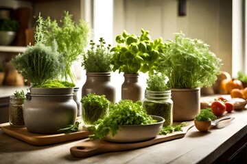  kitchen setting with bundles of fresh herbs,