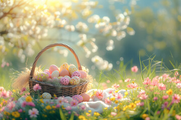 Wicker basket with Easter eggs in green grass against flower meadow. Space for text. Easter card
