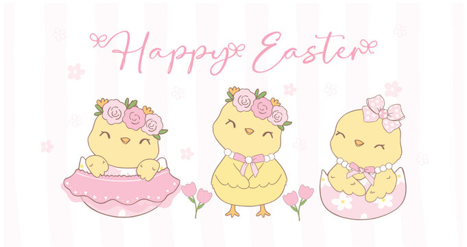 Cute Pink Coquette Easter, group of Easter Chicks Cartoon banner, sweet Retro Happy Easter spring animal Hand Drawing.