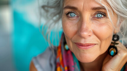 Portrait of good looking senior woman bright makeup looks at camera with pleased expressionisolated over colorful background. People age concept. Image of a beautiful and elegant old woman