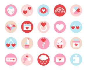Valentine's Day Icons Set. Cartoon love romantic stickers elements with hearts. Interface design elements. Hand drawn vector illustration