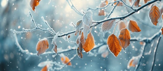 Winter showcases nature's beauty with icy branches and snow-dusted leaves.
