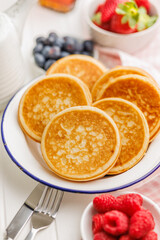 Homemade classic american pancakes on plate.