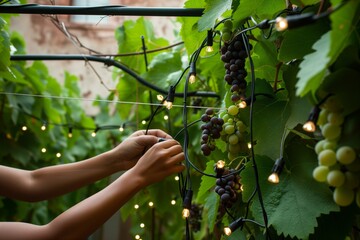 person installing string lights among courtyard grape vines