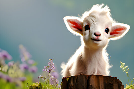 An image of a playful baby goat standing on a stump in a meadow