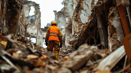 A worker in safety gear stands amidst the ruins of a collapsed building, assessing the damage for disaster response and recovery efforts.