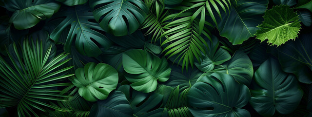 Tropical leaves background. Green leaf banner and floral jungle pattern concept. abstract green...