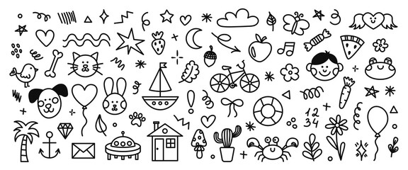 Cute hand drawn doodle set of simple kids decorative elements. Black collection of scribble, animal, flower, sun, cloud. Vector illustration © Vetriya