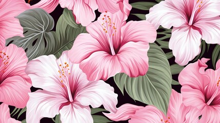 Pink Amaryllis. Pink Hibiscus. White Camellia. Pink Peony. Illustration. Seamless background pattern. Floral botanical flower. Wild leaf wildflower isolated. Exotic tropical hawaiian jungle. Fabric ,  - obrazy, fototapety, plakaty