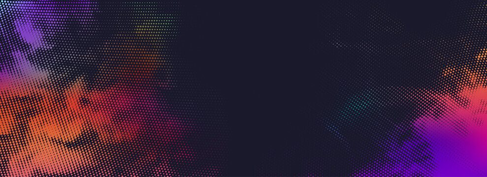 Abstract vector colorful pixelated background with purple and orange hues. Halftone vibrant backdrop with a blend of purple and orange pixels.  Abstract digital mosaic.